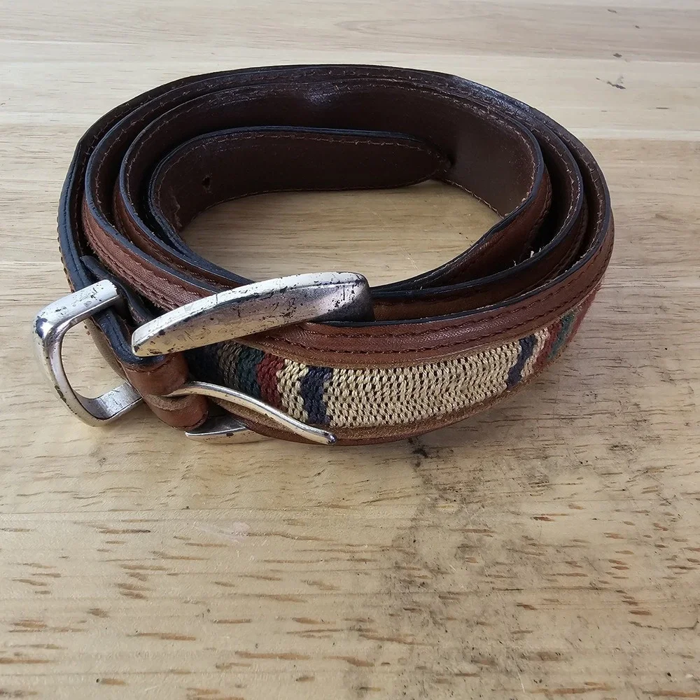 Mens Belt 3868 Sz 42 Brown Leather Southwest Woven Inlay Western Aztec Guatemala